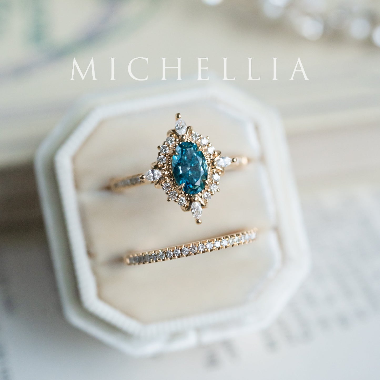 [Alessandra] IGI-Certified Teal Blue Diamond Engagement Ring, 18K Yellow Gold - One of A Kind & Ready-to-Ship