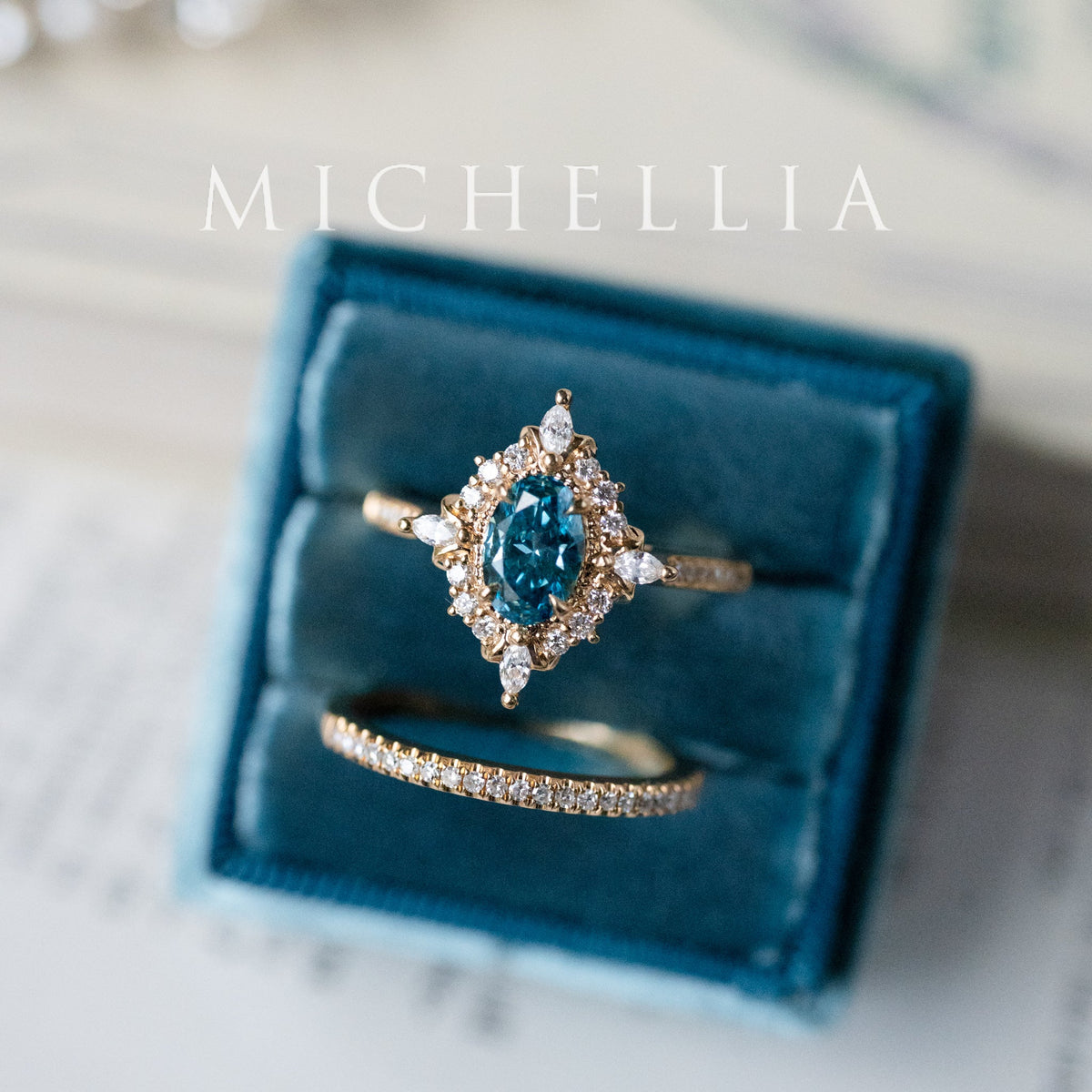 [Alessandra] IGI-Certified Teal Blue Diamond Engagement Ring, 18K Yellow Gold - One of A Kind & Ready-to-Ship