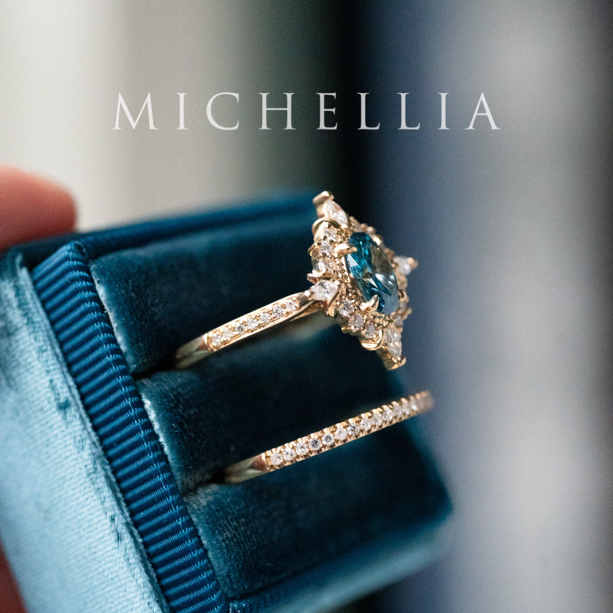 [Alessandra] IGI-Certified Teal Blue Diamond Engagement Ring, 18K Yellow Gold - One of A Kind & Ready-to-Ship