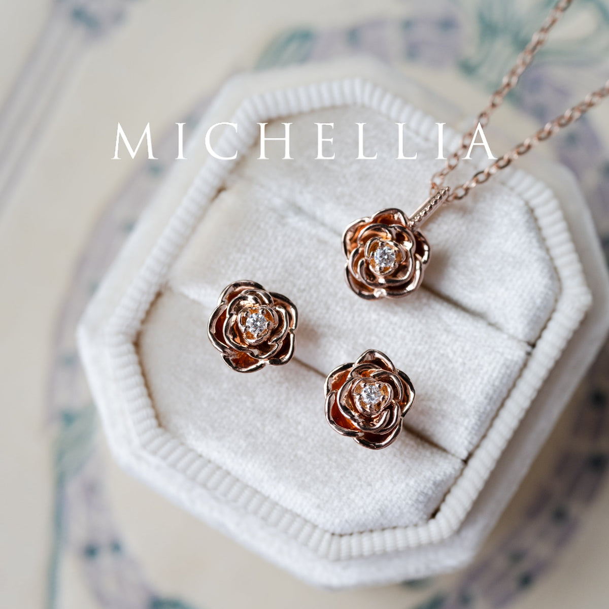 [Roselyn] The Petite Parisian Rose Natural Diamond Necklace & Earring Set - Limited Edition