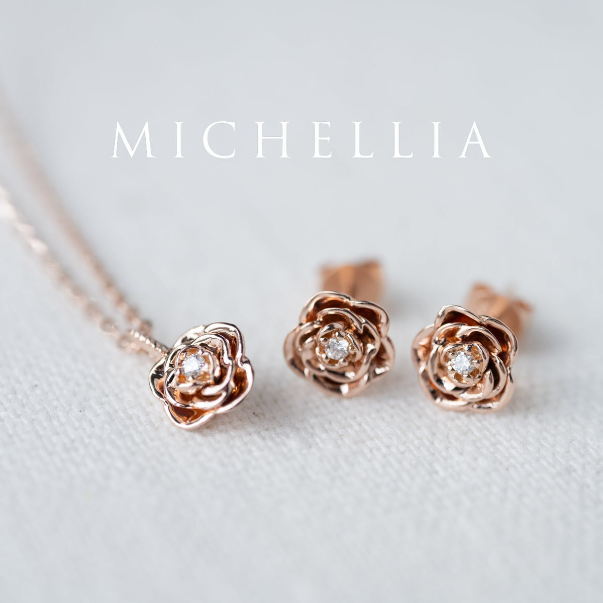[Roselyn] The Petite Parisian Rose Natural Diamond Necklace & Earring Set - Limited Edition