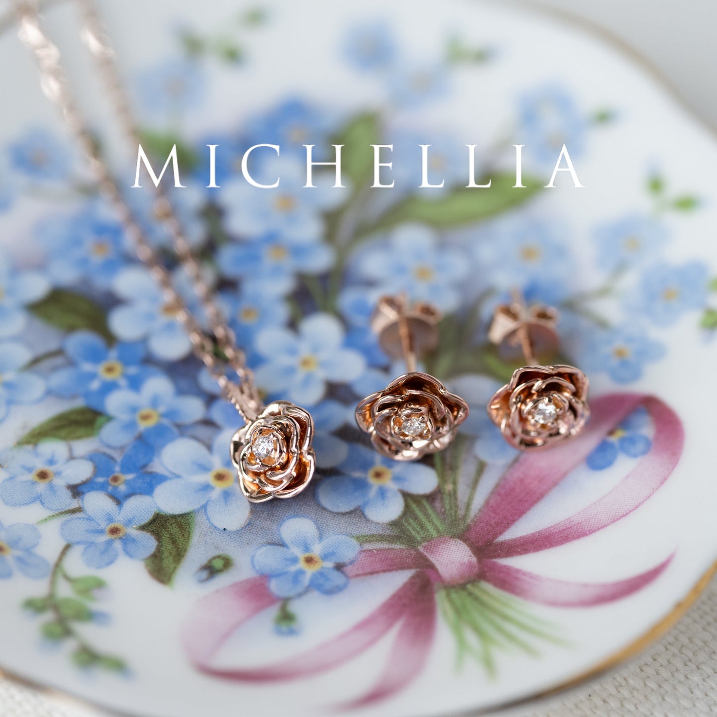 [Roselyn] The Petite Parisian Rose Natural Diamond Necklace & Earring Set - Limited Edition