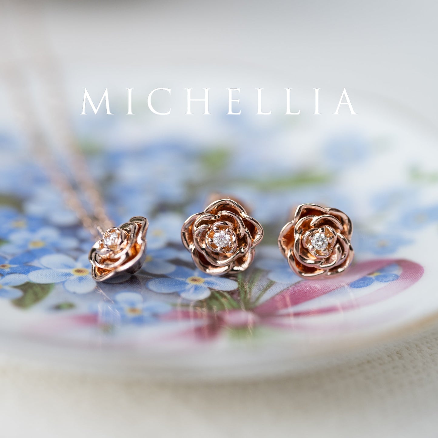 [Roselyn] The Petite Parisian Rose Natural Diamond Necklace & Earring Set - Limited Edition