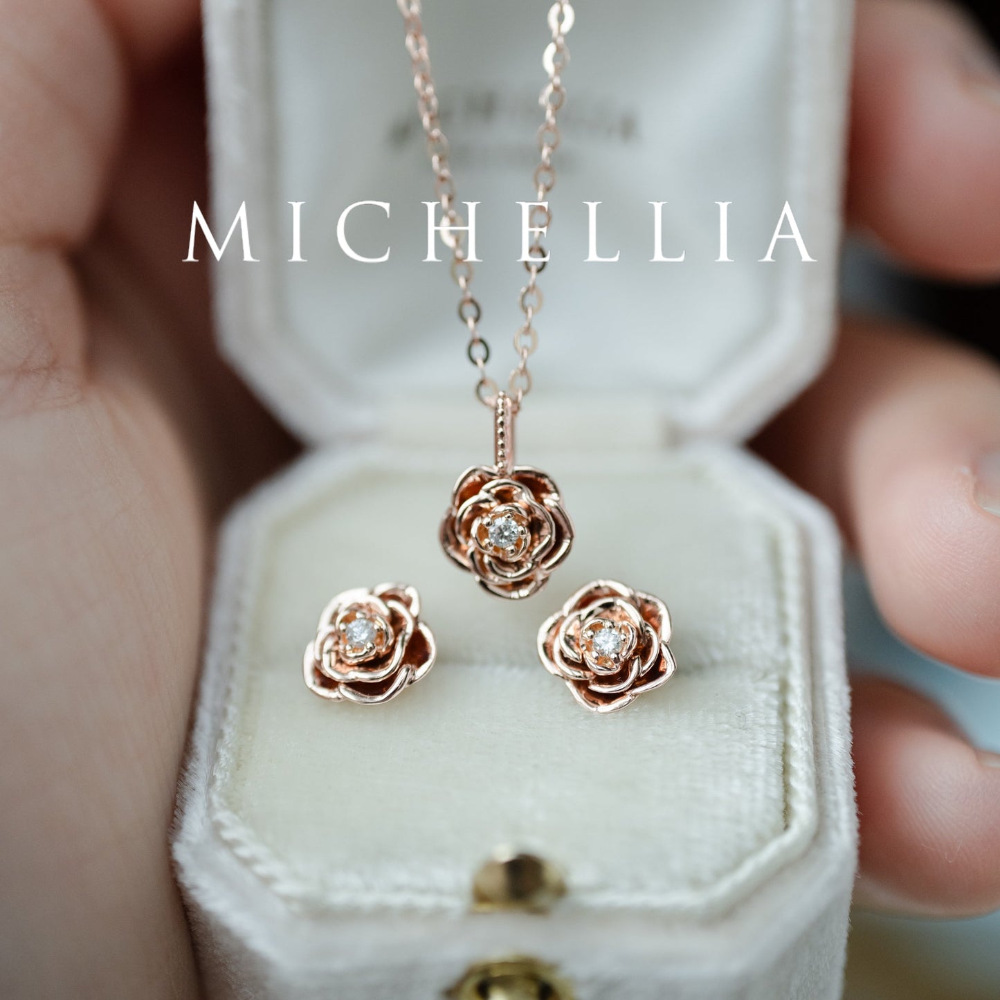[Roselyn] The Petite Parisian Rose Natural Diamond Necklace & Earring Set - Limited Edition