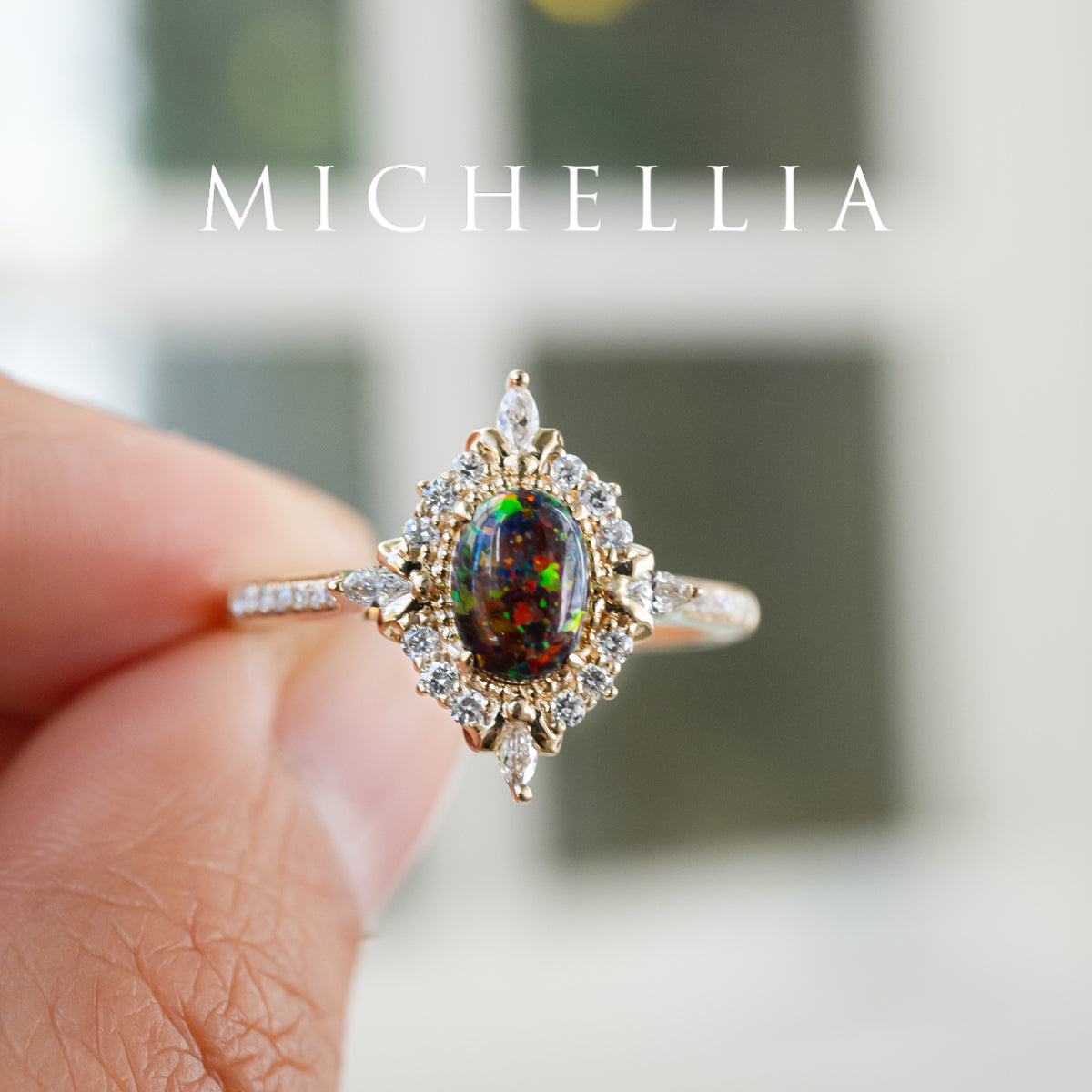 [Alessandra] Art Deco Oval Black Lab Opal Engagement Ring, 14K Yellow Gold - One of A Kind & Ready-to-Ship