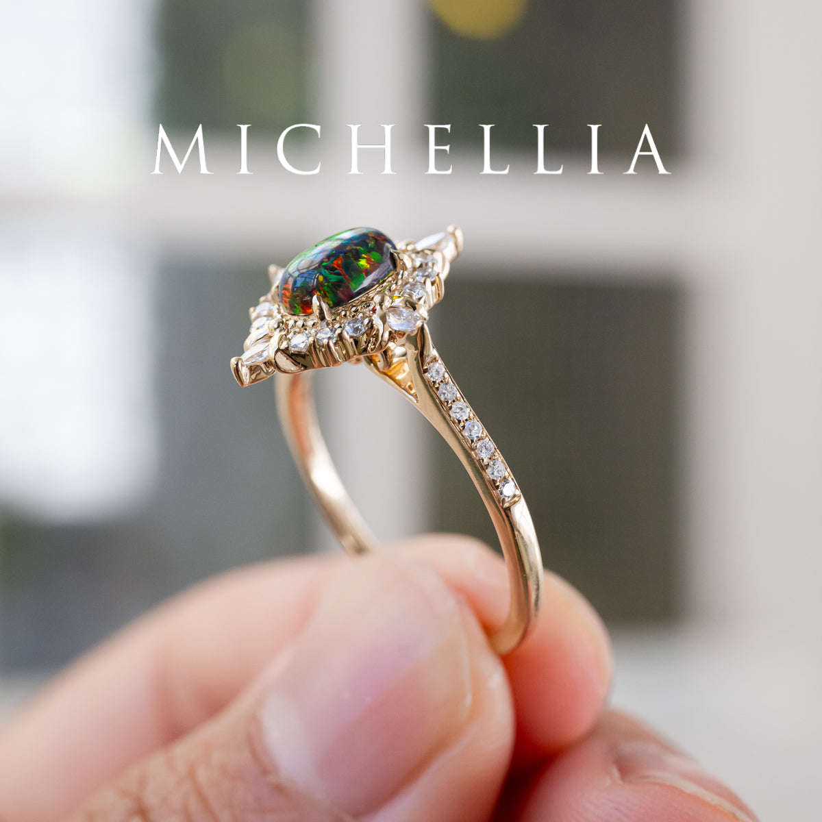 [Alessandra] Art Deco Oval Black Lab Opal Engagement Ring, 14K Yellow Gold - One of A Kind & Ready-to-Ship