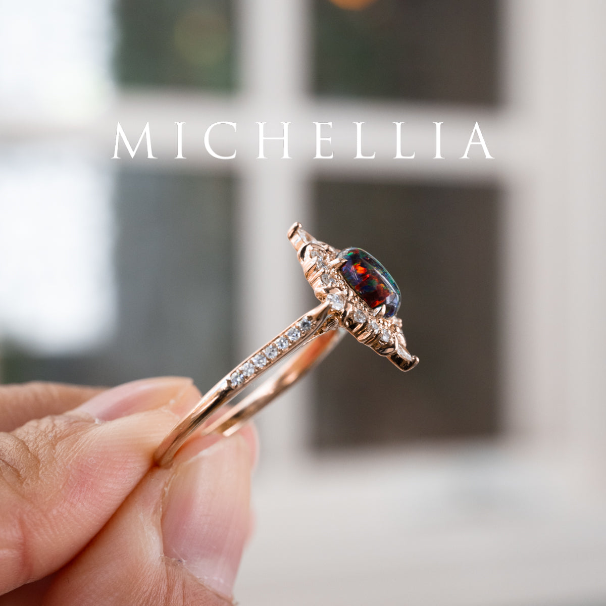 [Alessandra] Art Deco Oval Australian Black Opal Engagement Ring, 14K Rose Gold - One of A Kind & Ready-to-Ship