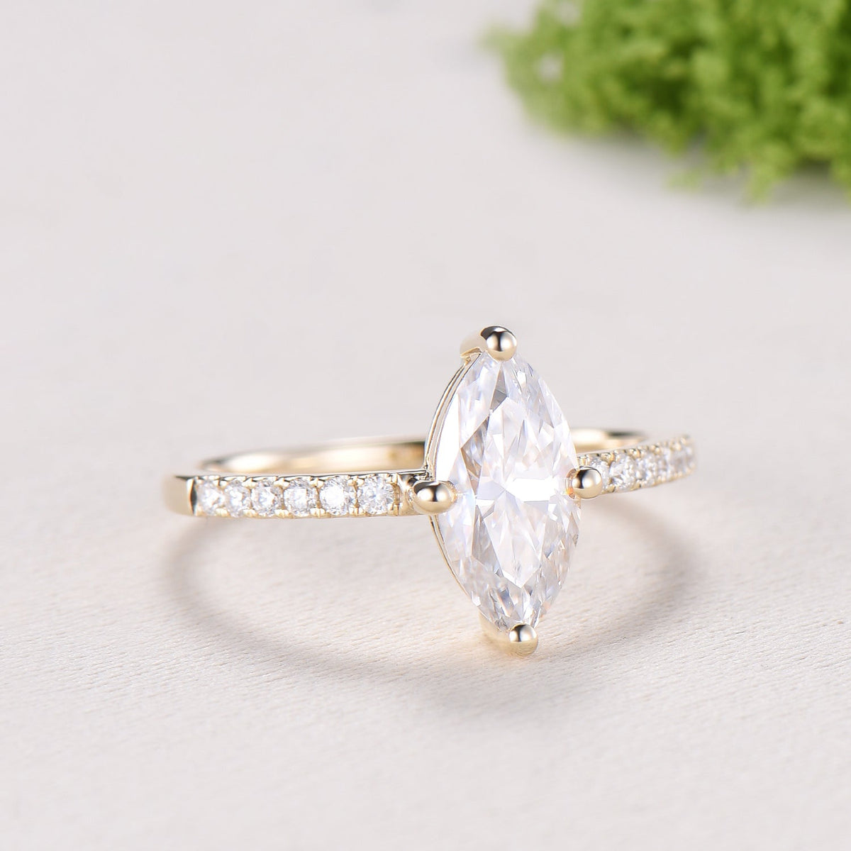 Marquise Cut Moissanite& Lab Grown Diamond Engagement Ring with Pavé Band in Yellow Gold