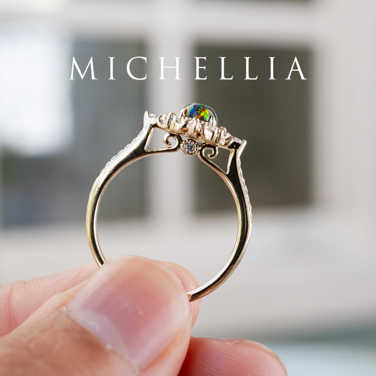 [Alessandra] Art Deco Oval Black Lab Opal Engagement Ring, 14K Yellow Gold - One of A Kind & Ready-to-Ship