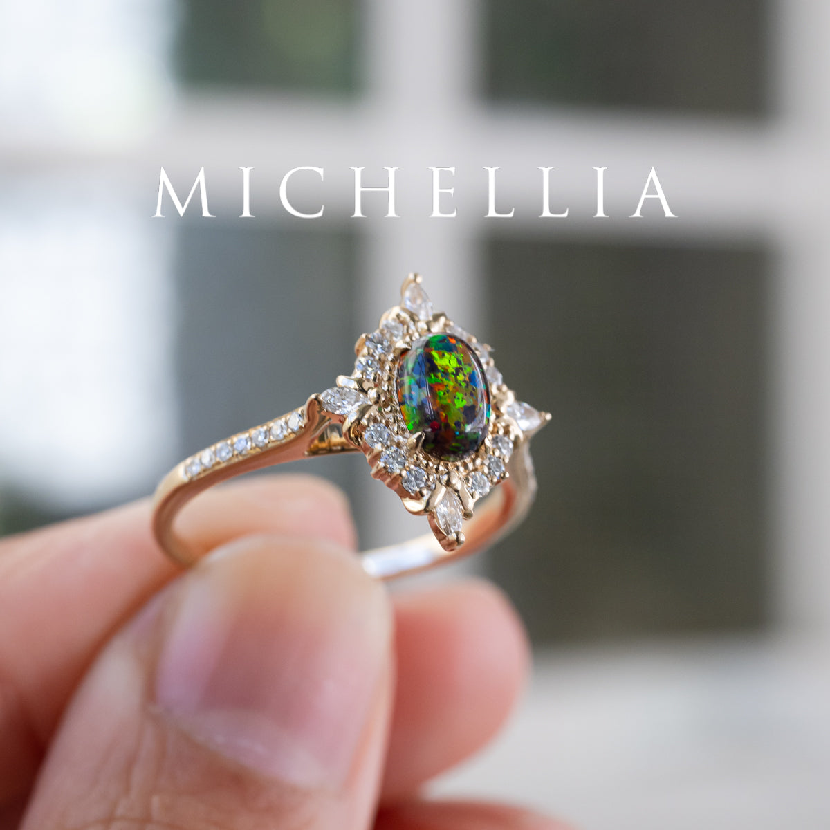 [Alessandra] Art Deco Oval Black Lab Opal Engagement Ring, 14K Yellow Gold - One of A Kind & Ready-to-Ship