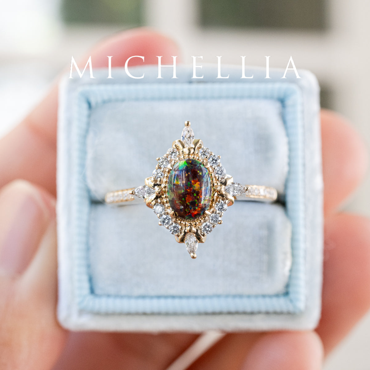 [Alessandra] Art Deco Oval Black Lab Opal Engagement Ring, 14K Yellow Gold - One of A Kind & Ready-to-Ship