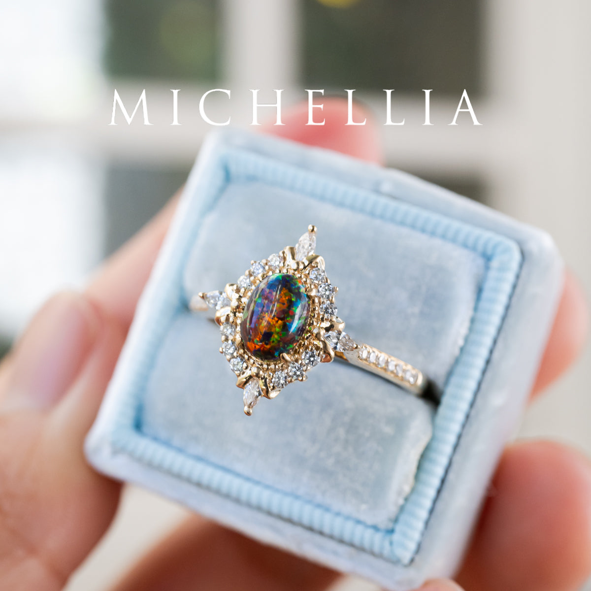 [Alessandra] Art Deco Oval Black Lab Opal Engagement Ring, 14K Yellow Gold - One of A Kind & Ready-to-Ship