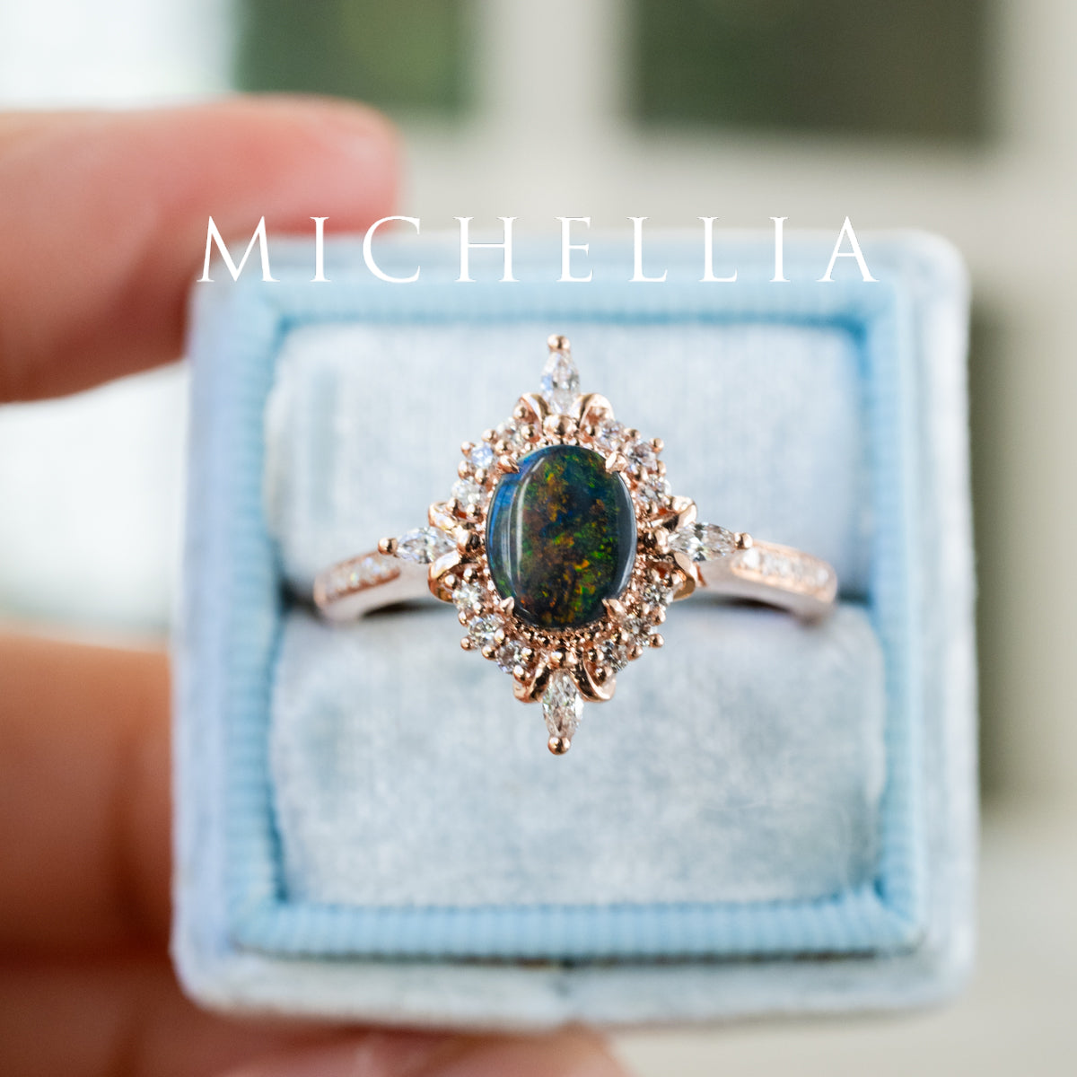 [Alessandra] Art Deco Oval Australian Black Opal Engagement Ring, 14K Rose Gold - One of A Kind & Ready-to-Ship