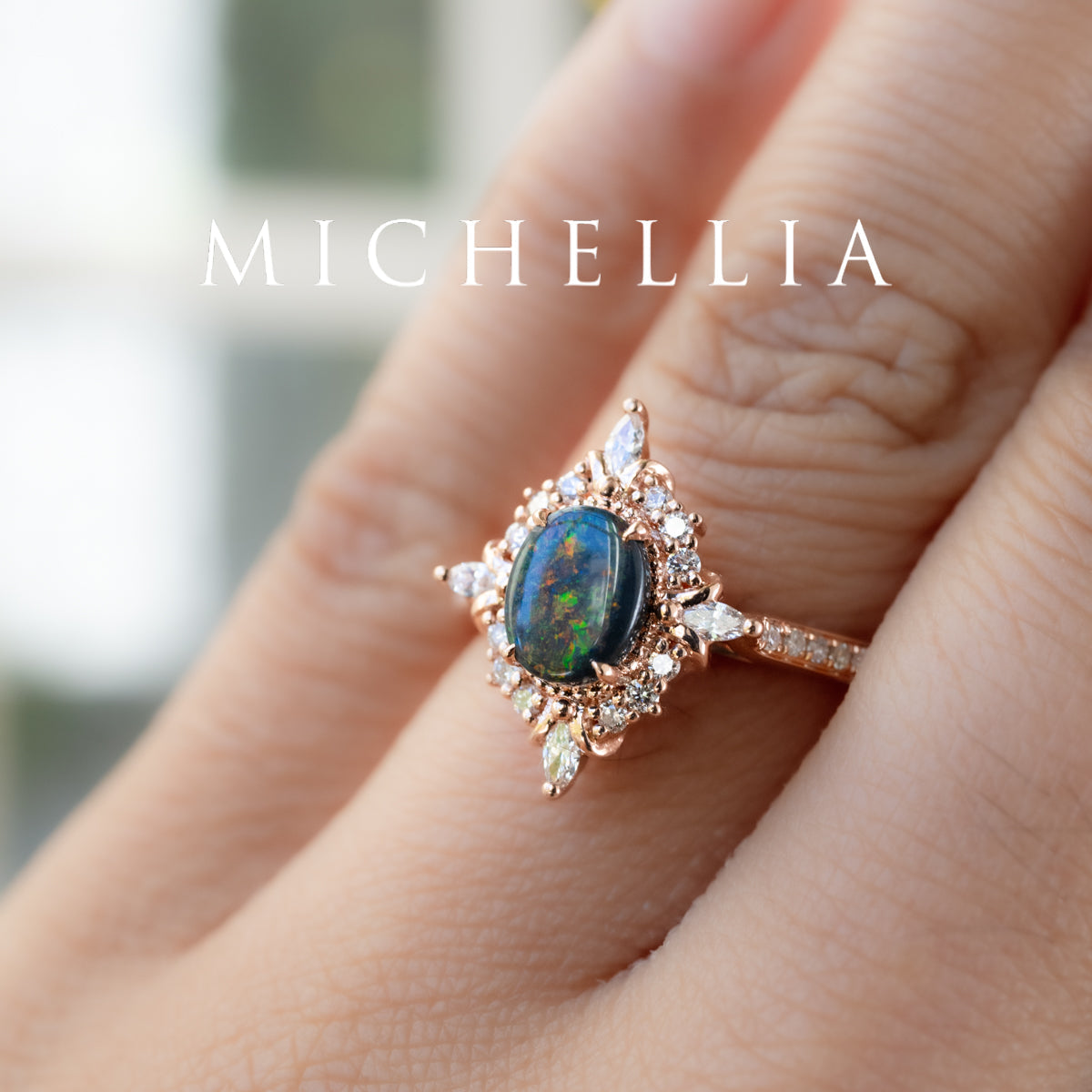 [Alessandra] Art Deco Oval Australian Black Opal Engagement Ring, 14K Rose Gold - One of A Kind & Ready-to-Ship