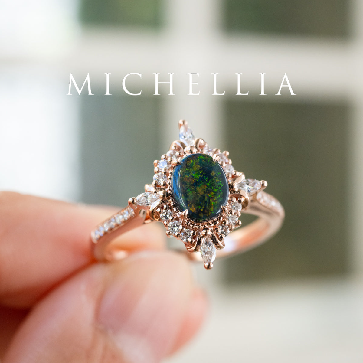 [Alessandra] Art Deco Oval Australian Black Opal Engagement Ring, 14K Rose Gold - One of A Kind & Ready-to-Ship