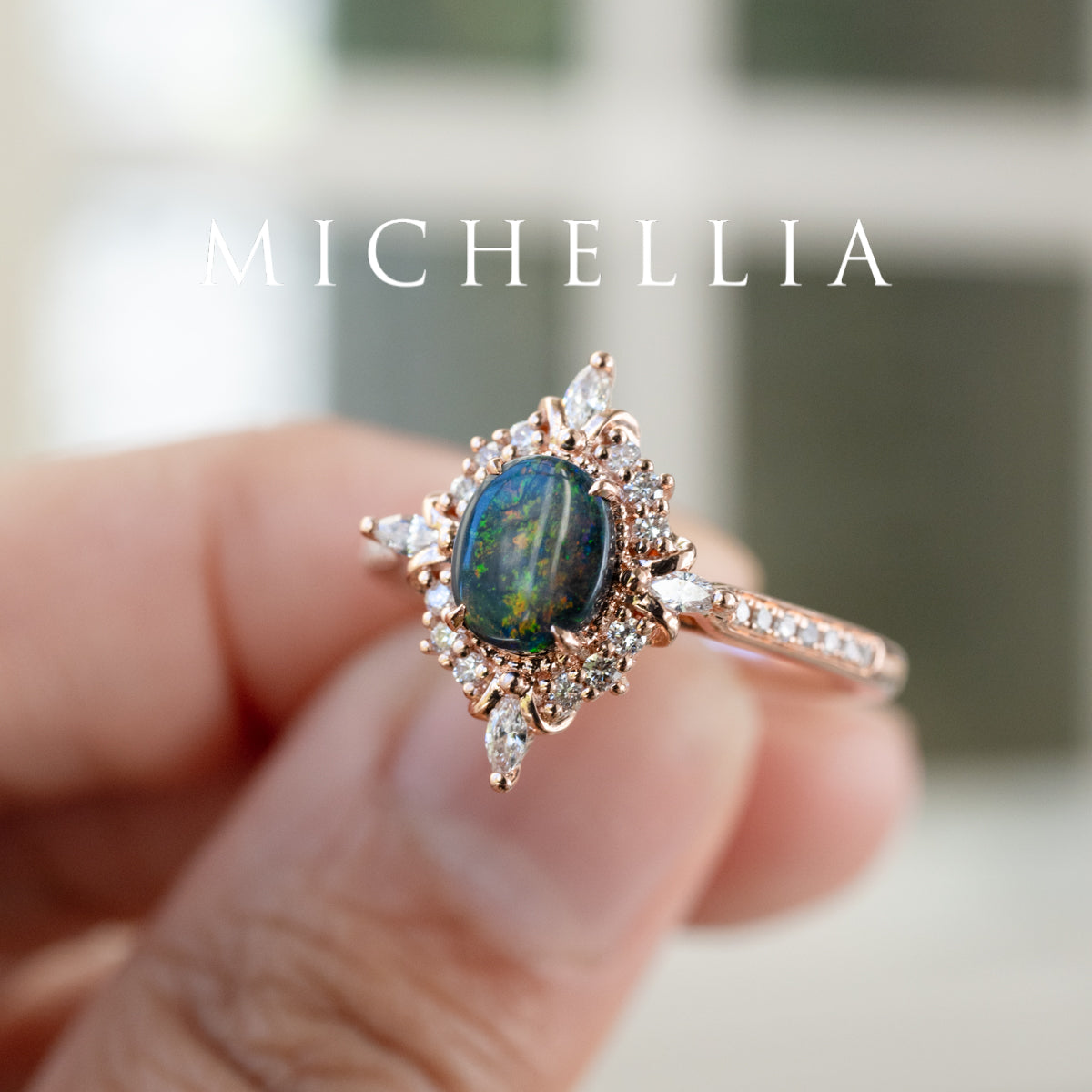 [Alessandra] Art Deco Oval Australian Black Opal Engagement Ring, 14K Rose Gold - One of A Kind & Ready-to-Ship