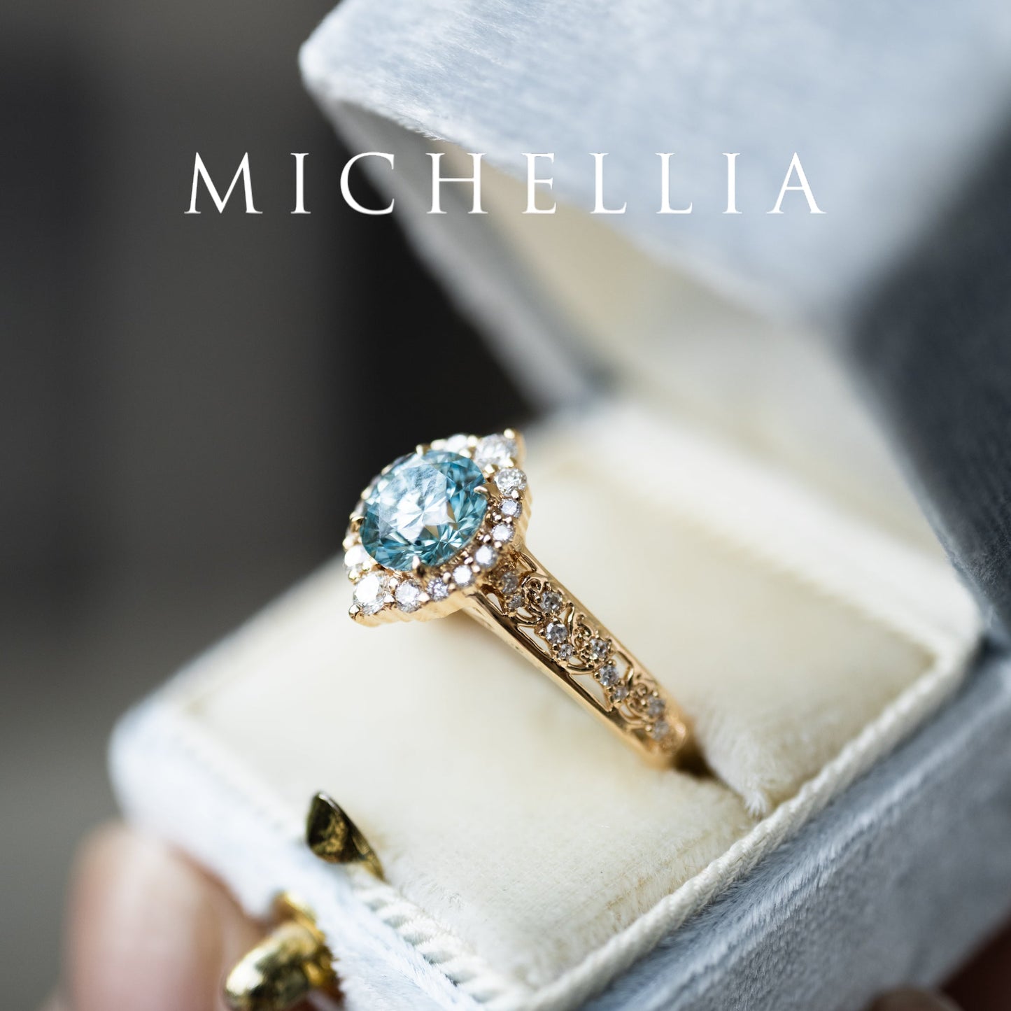 [Ophelia] IGI Certified Blue Diamond Rococo Engagement Ring, 14K Yellow Gold - One of A Kind