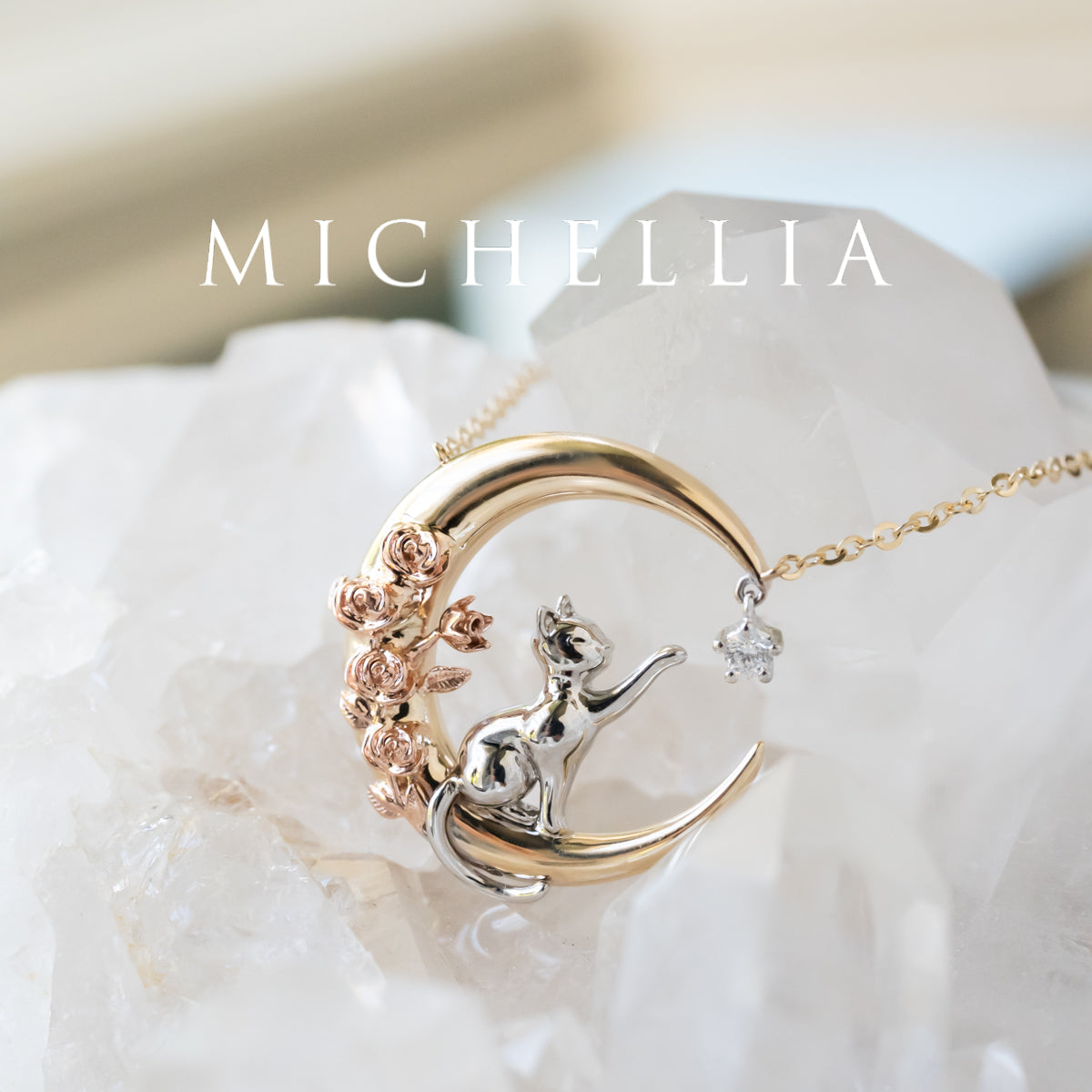 [Elune] Moonlight Cat in Rose Garden Solid Gold Necklace - One of A Kind & Ready-to-Ship
