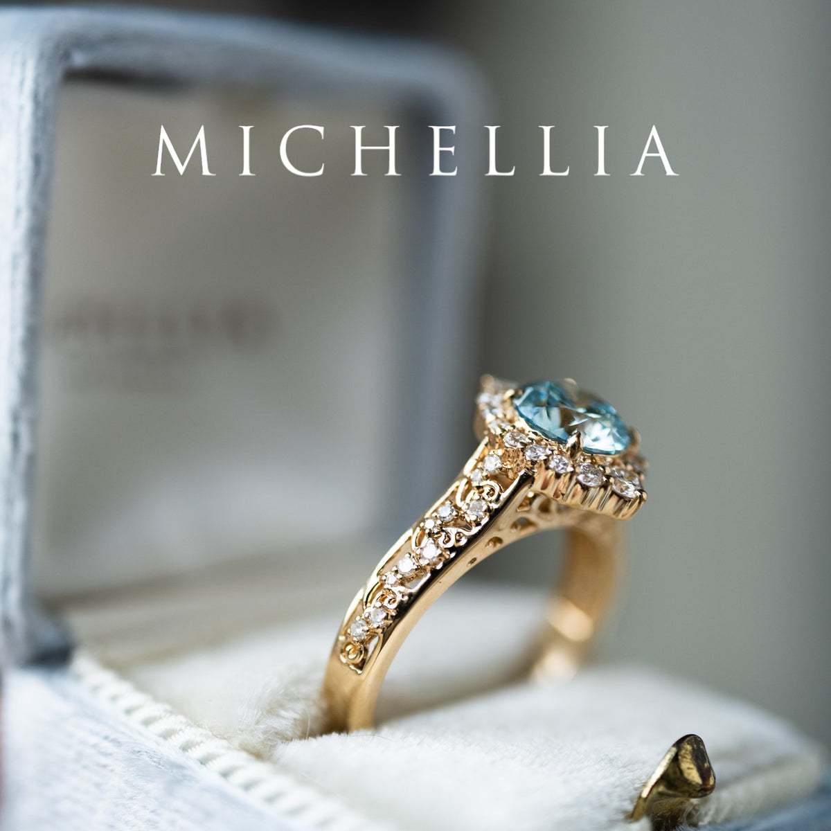 [Ophelia] IGI Certified Blue Diamond Rococo Engagement Ring, 14K Yellow Gold - One of A Kind