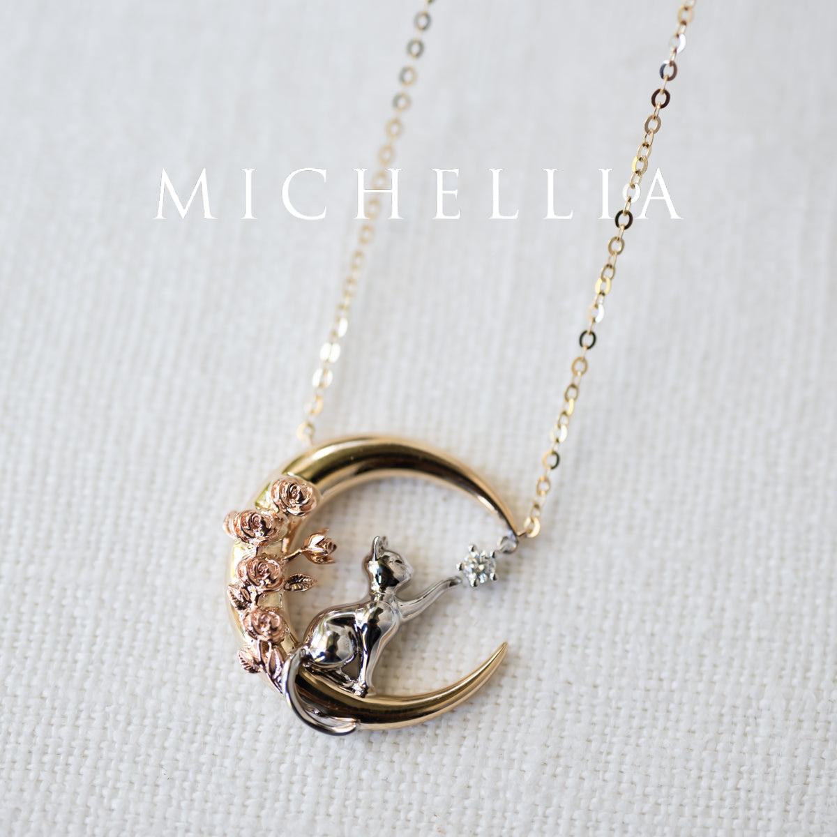 [Elune] Moonlight Cat in Rose Garden Solid Gold Necklace - One of A Kind & Ready-to-Ship