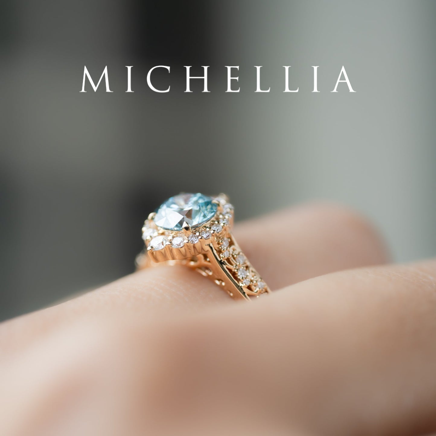 [Ophelia] IGI Certified Blue Diamond Rococo Engagement Ring, 14K Yellow Gold - One of A Kind