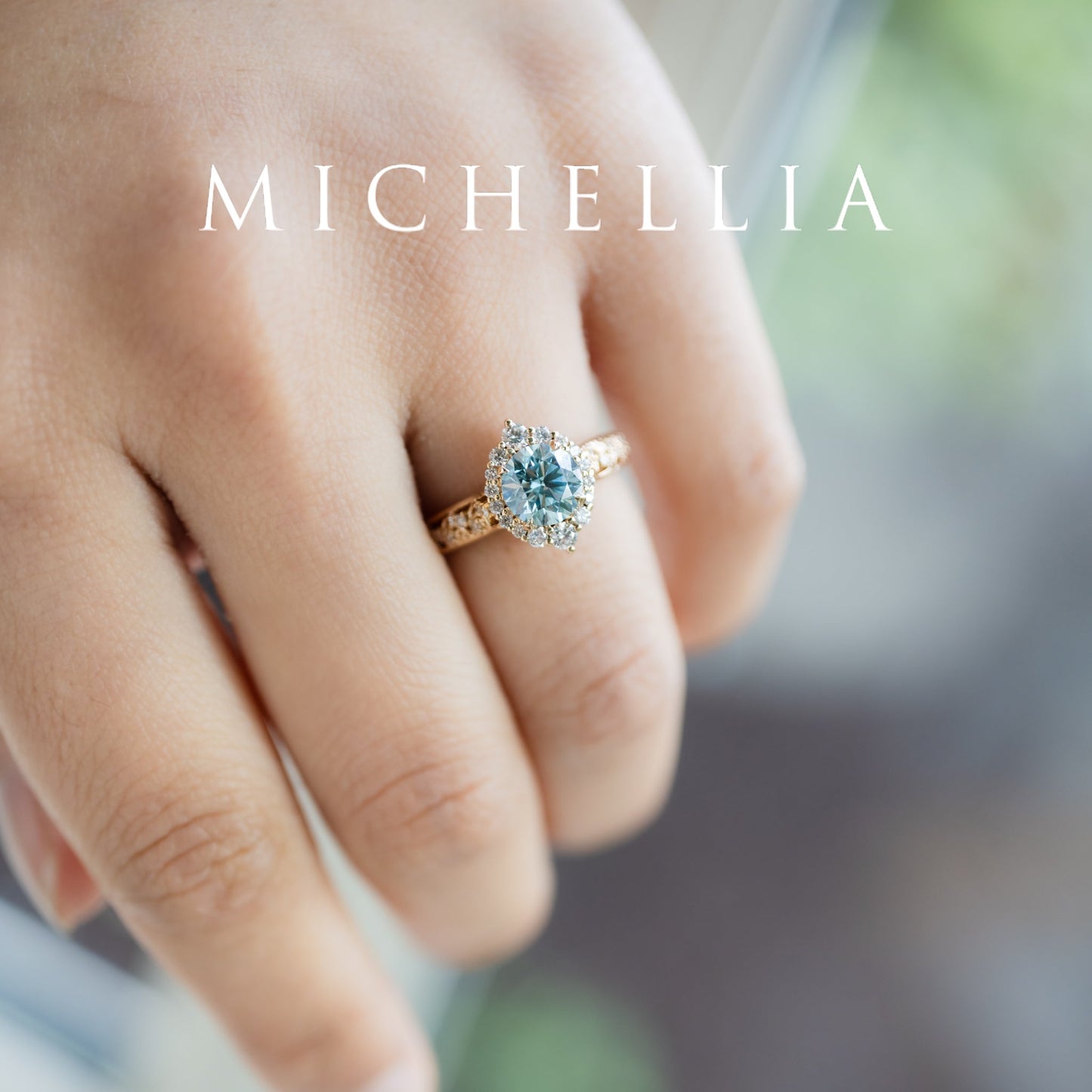 [Ophelia] IGI Certified Blue Diamond Rococo Engagement Ring, 14K Yellow Gold - One of A Kind