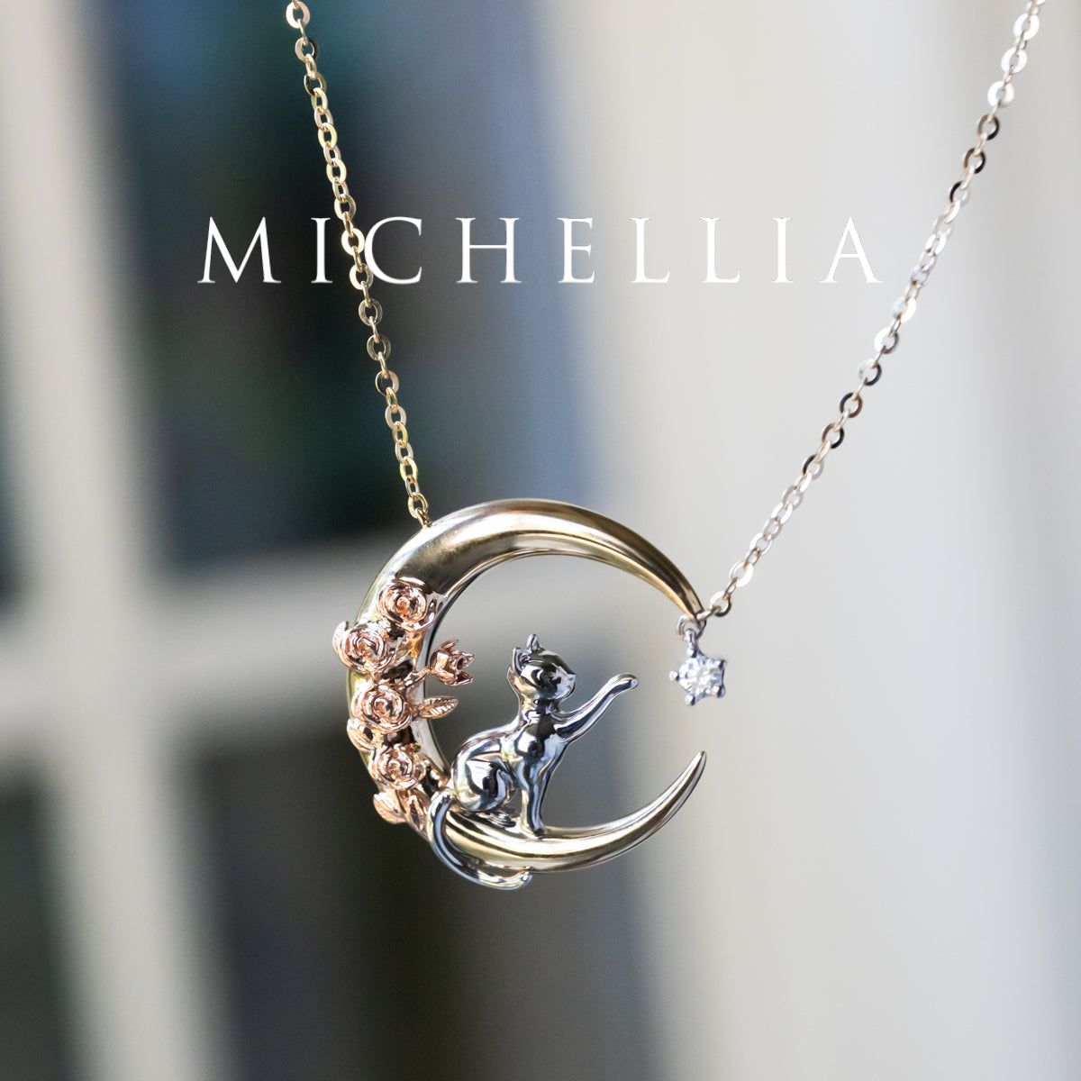 [Elune] Moonlight Cat in Rose Garden Solid Gold Necklace - One of A Kind & Ready-to-Ship
