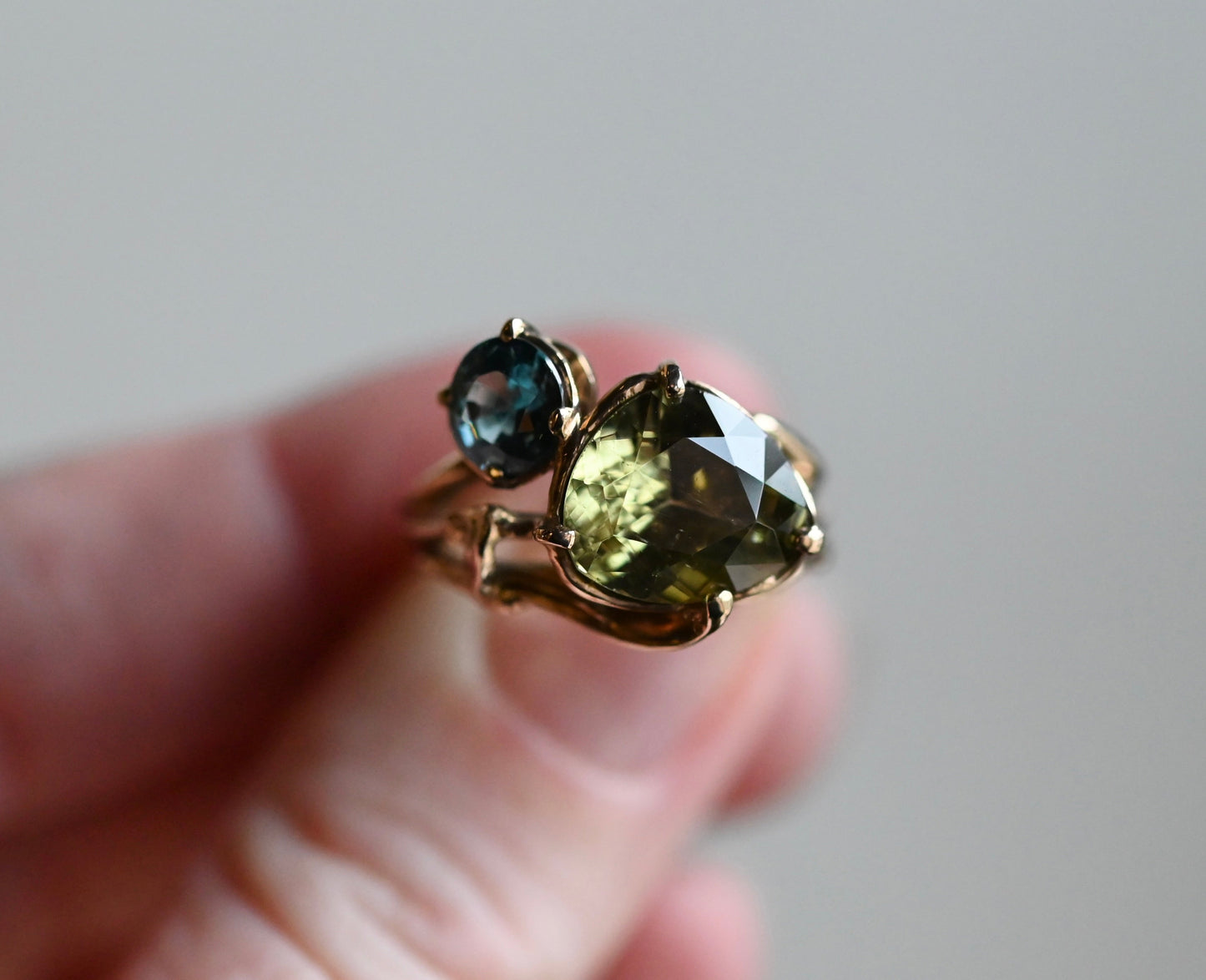 14k Gold Yellow Blue Zircon Freeform Ring - size 7 - Ready to ship