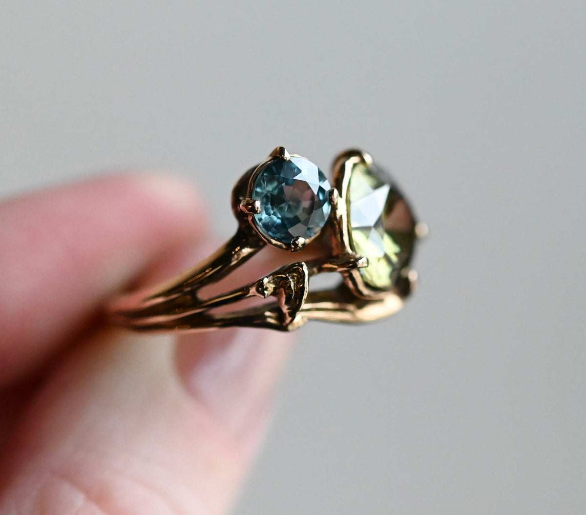 14k Gold Yellow Blue Zircon Freeform Ring - size 7 - Ready to ship