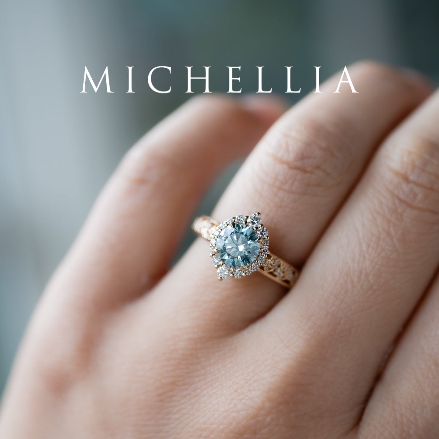 [Ophelia] IGI Certified Blue Diamond Rococo Engagement Ring, 14K Yellow Gold - One of A Kind