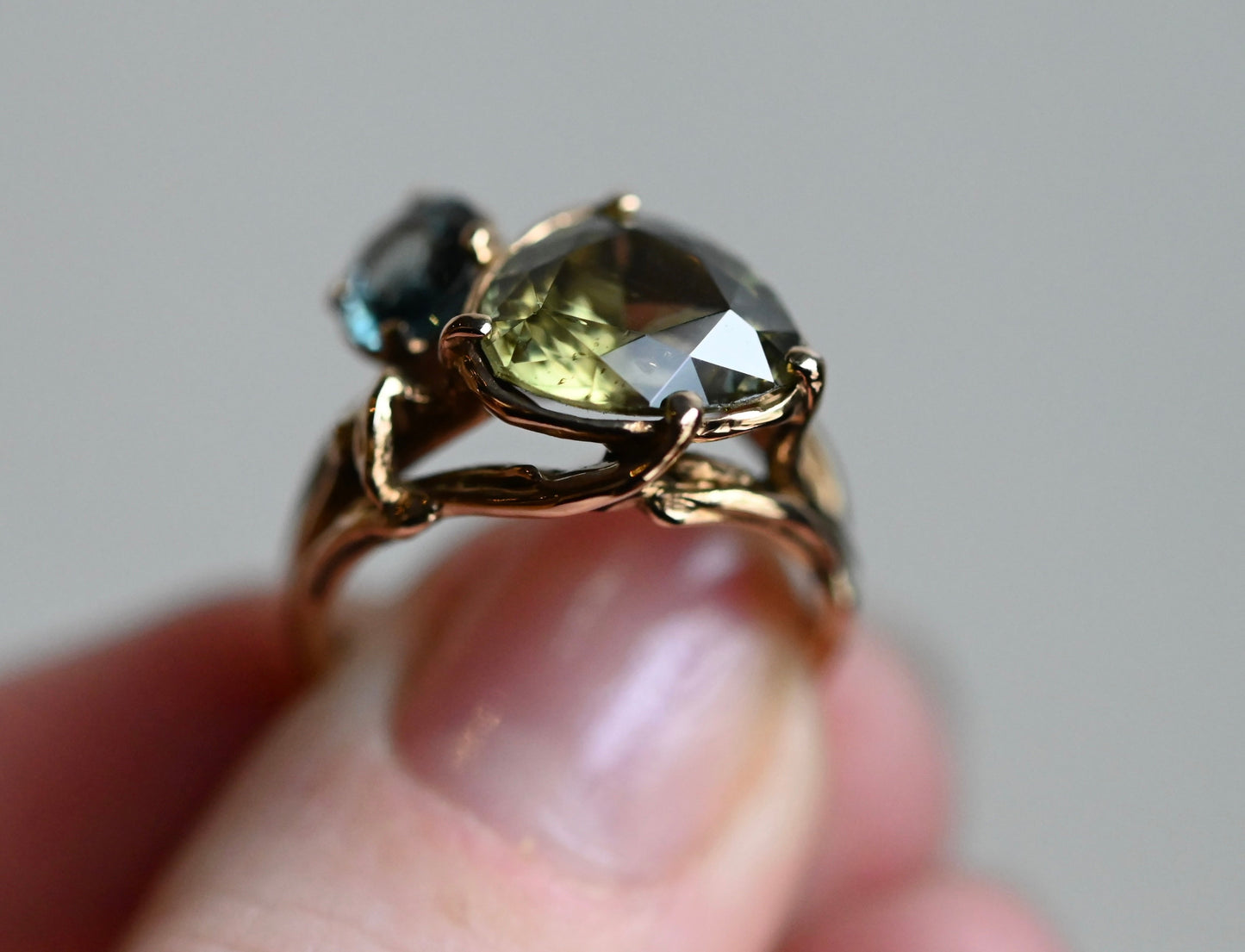 14k Gold Yellow Blue Zircon Freeform Ring - size 7 - Ready to ship