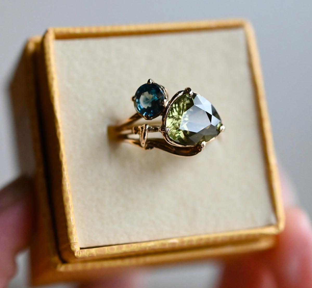 14k Gold Yellow Blue Zircon Freeform Ring - size 7 - Ready to ship