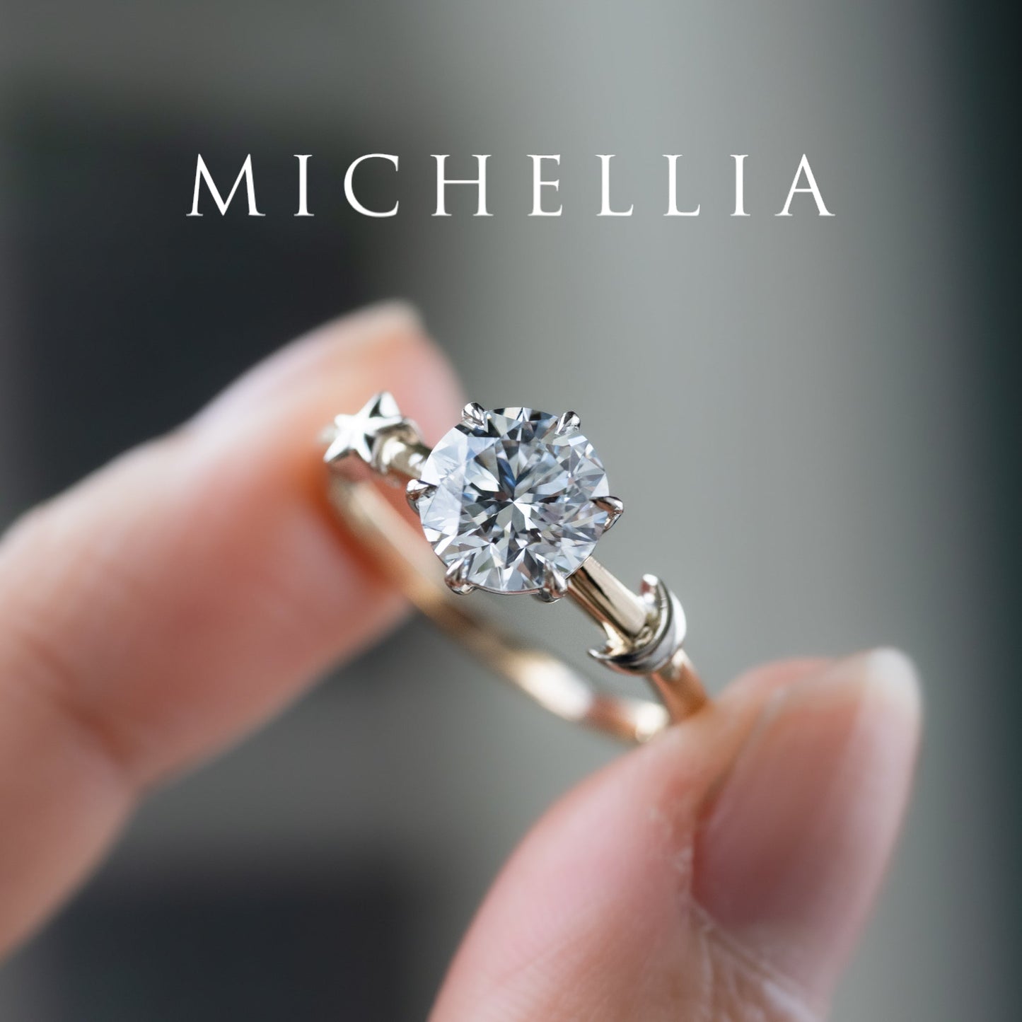 [Celeste] IGI Certified 1.5 ct Diamond Moon & Star Celestial Engagement Ring, Mixed 14K Yellow / White Gold - One of A Kind