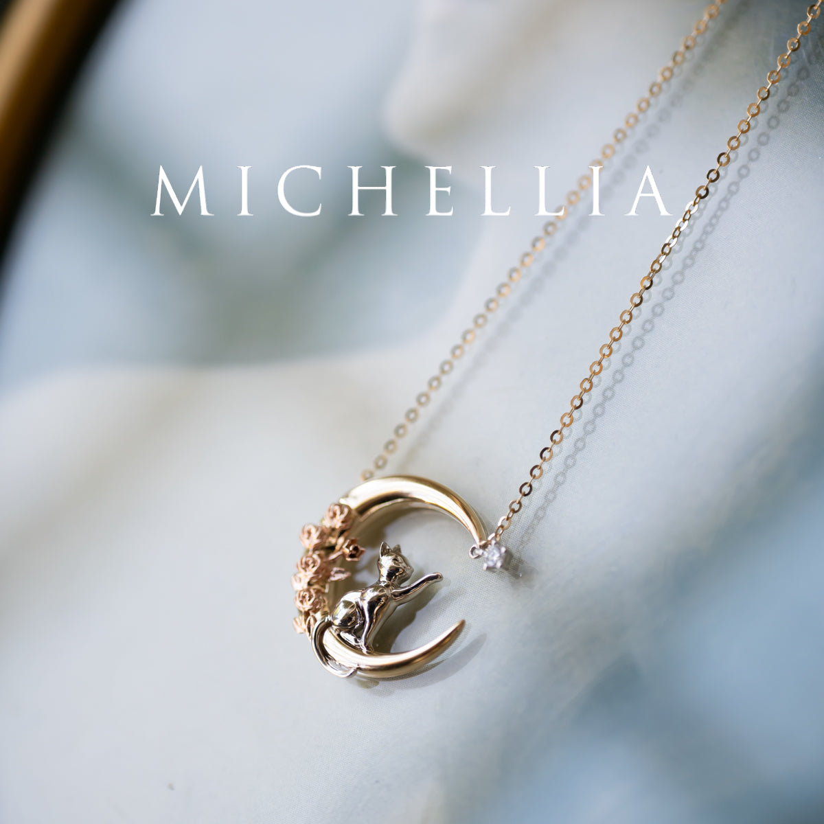 [Elune] Moonlight Cat in Rose Garden Solid Gold Necklace - One of A Kind & Ready-to-Ship