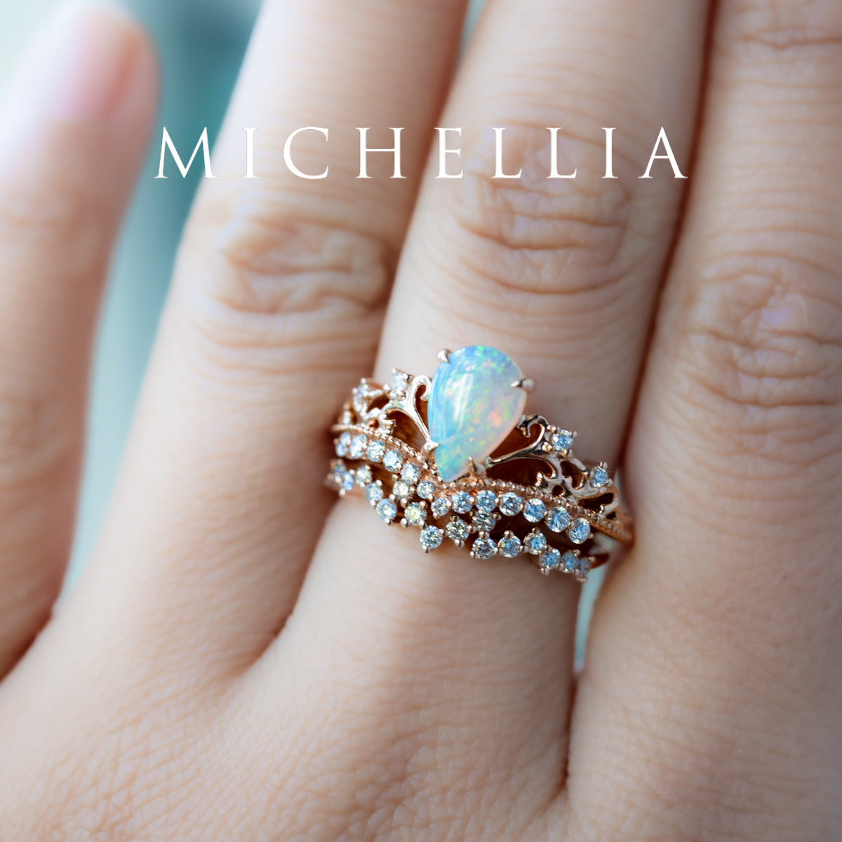 [Francesca] Heirloom Crown Pear Engagement Engagement Ring in Opal