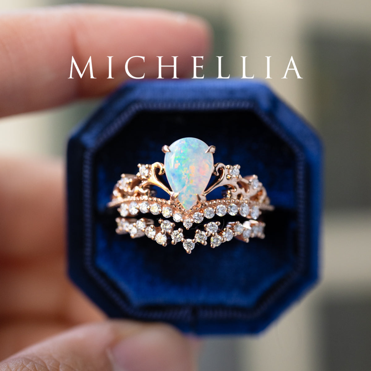 [Francesca] Heirloom Crown Pear Engagement Engagement Ring in Opal