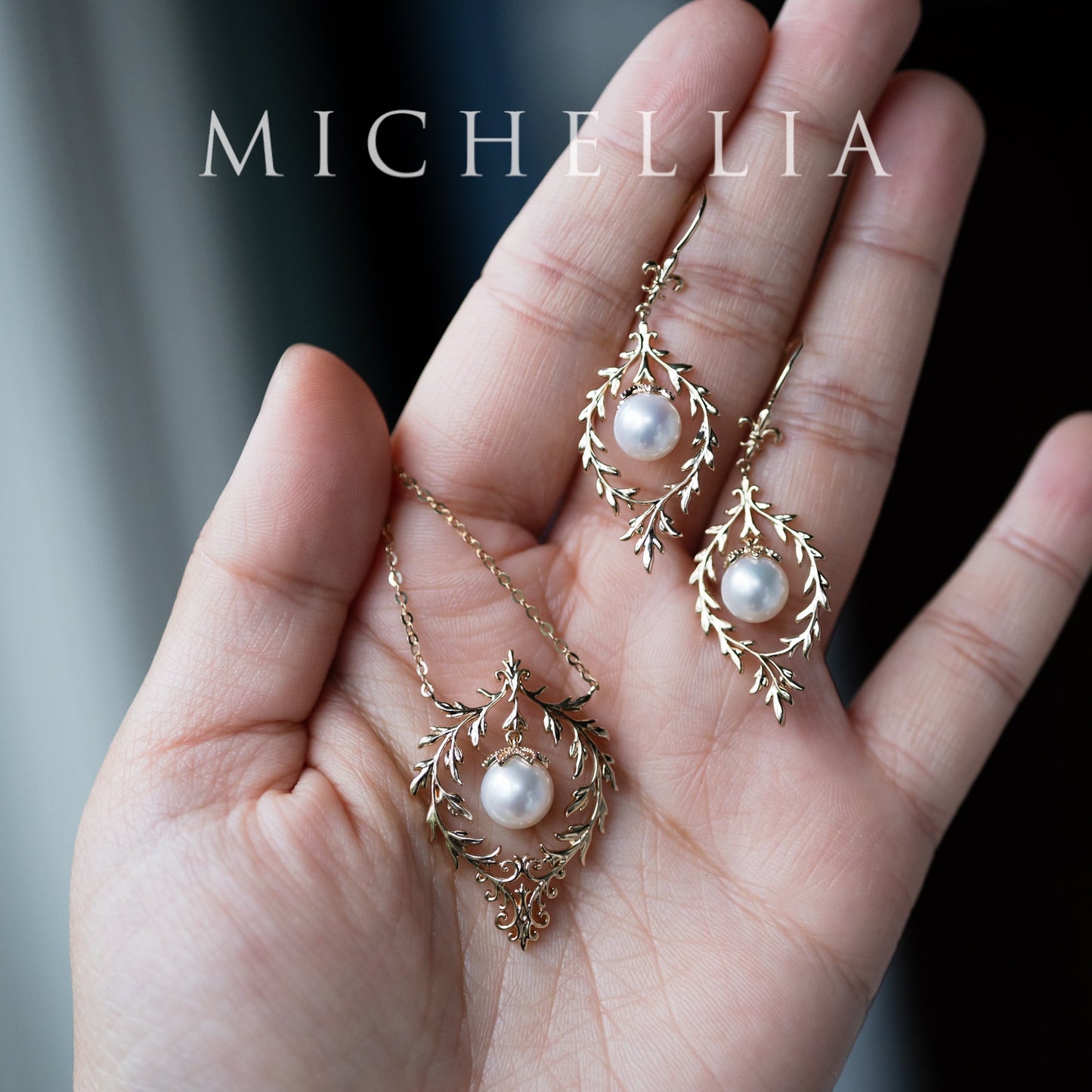 [Gracelynn] Renaissance Garden Necklace & Earring Set in Freshwater Pearl - Limited Edition