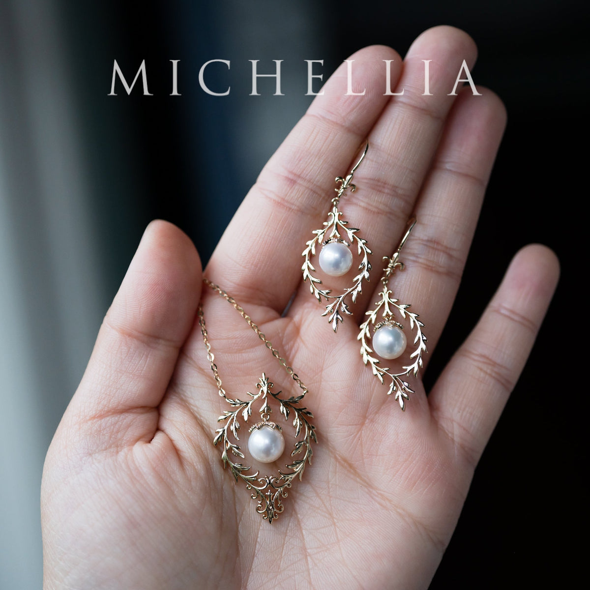 [Gracelynn] Renaissance Garden Necklace & Earring Set in Freshwater Pearl - Limited Edition