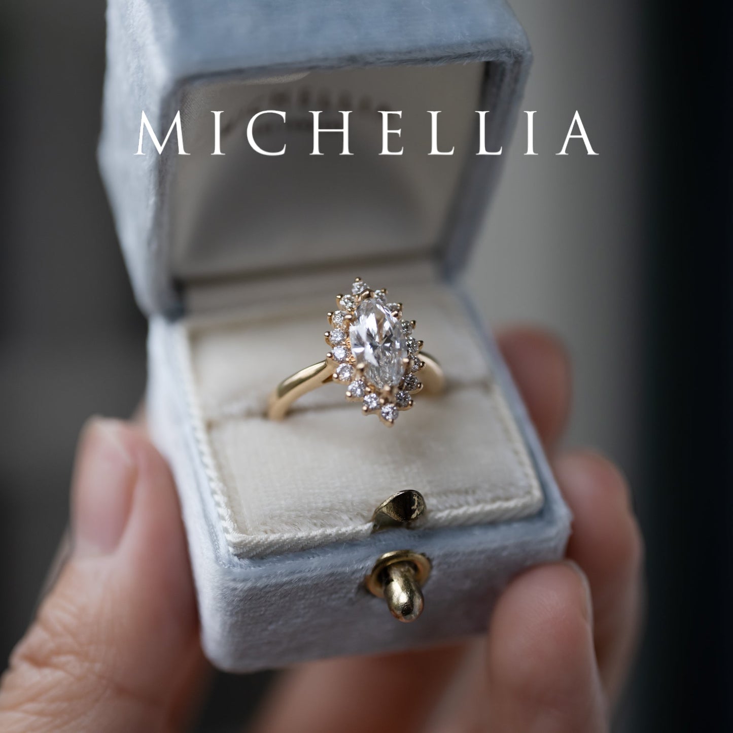 [Helena] Vintage Bloom Halo Marquise Engagement Ring in Diamond / Moissanite