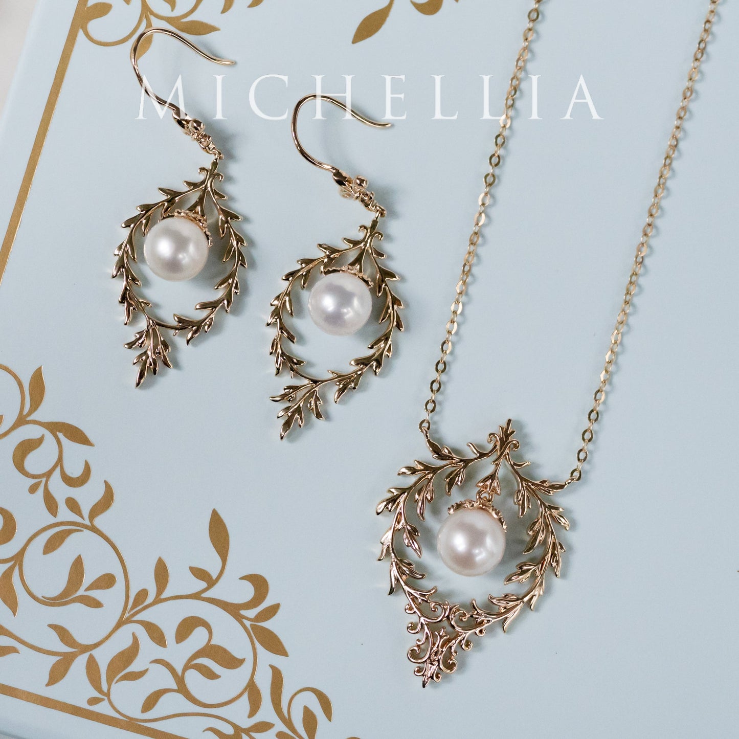 [Gracelynn] Renaissance Garden Necklace & Earring Set in Freshwater Pearl - Limited Edition