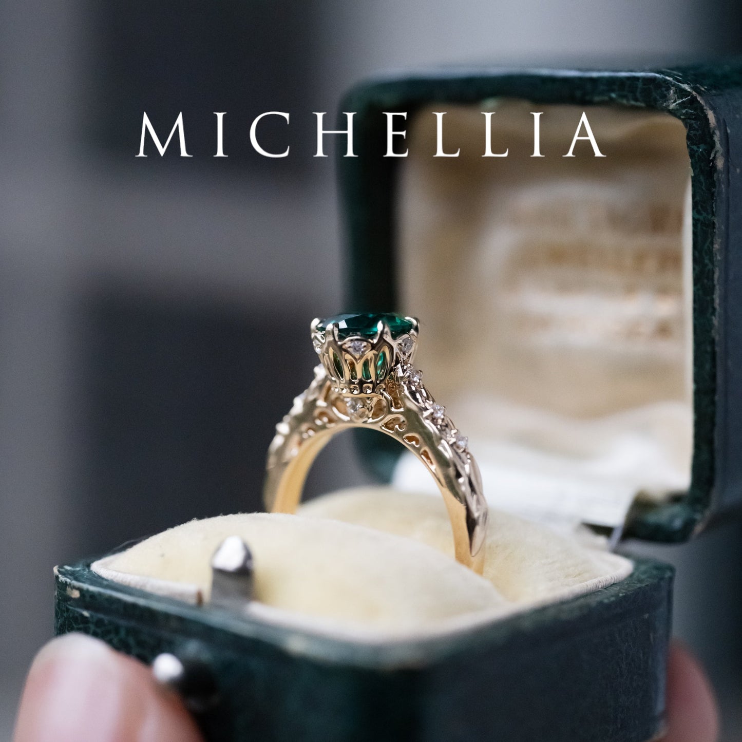 [Eliora] Vintage Regency Crown Solitaire Emerald Engagement Ring, Ready-to-Ship