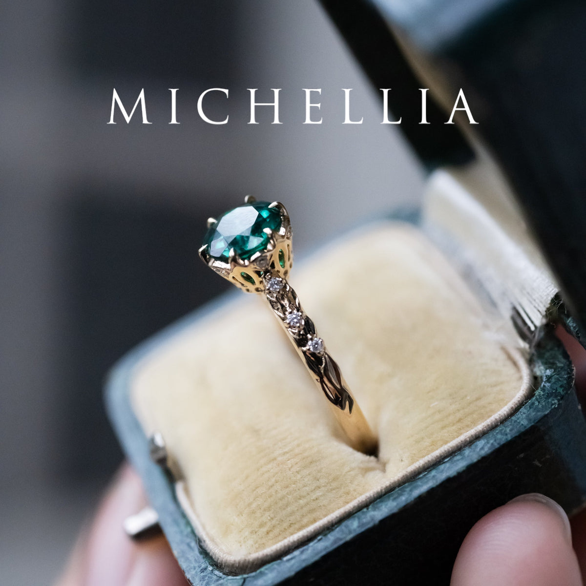 [Eliora] Vintage Regency Crown Solitaire Emerald Engagement Ring, Ready-to-Ship
