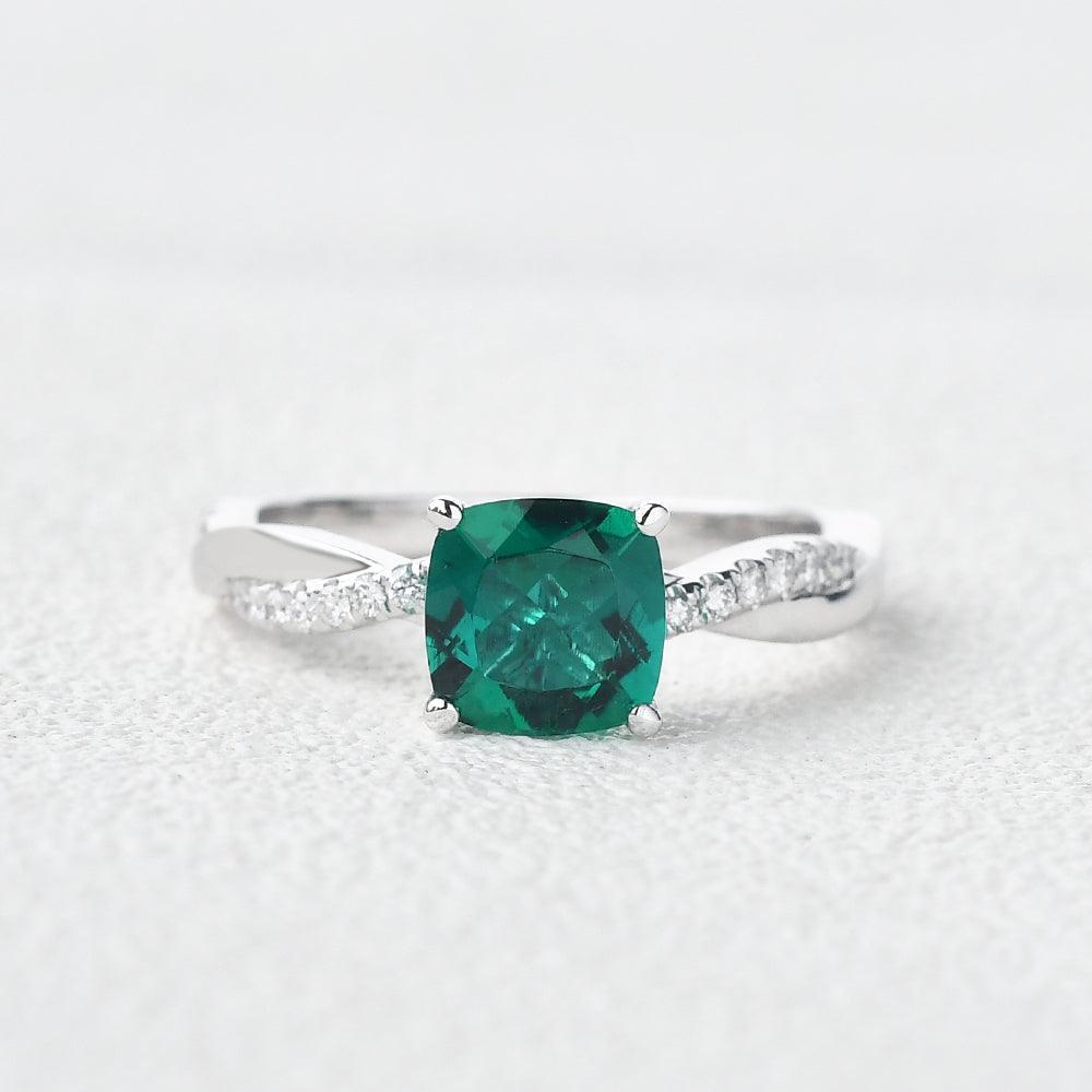 Ivy’s Twist | 2CT Cushion Cut Emerald Solitaire Engagement Ring