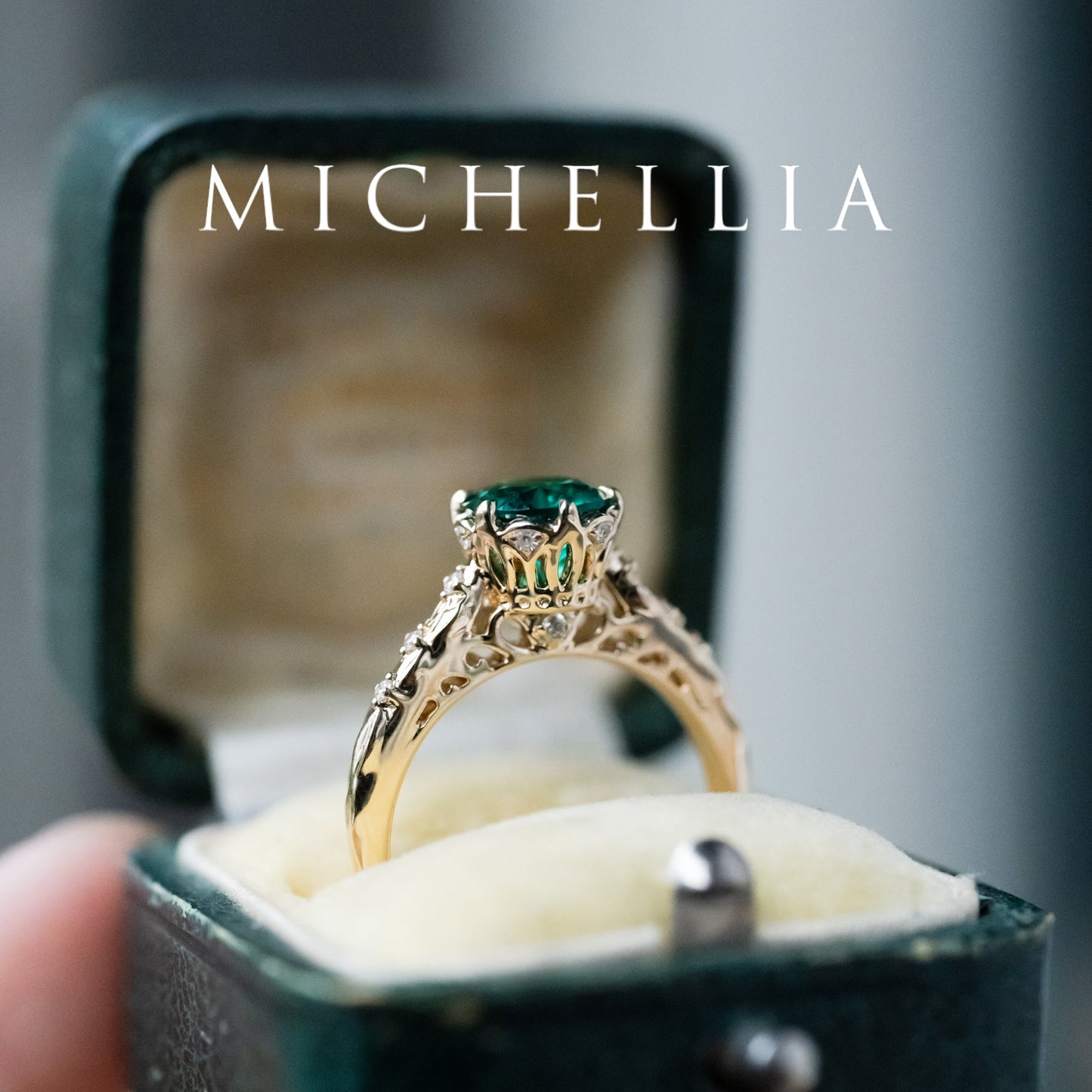 [Eliora] Vintage Regency Crown Solitaire Emerald Engagement Ring, Ready-to-Ship