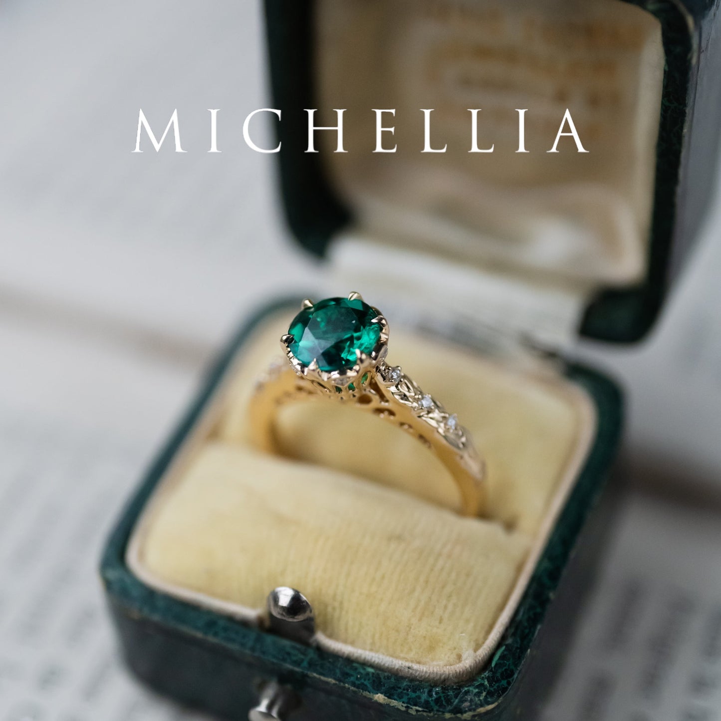 [Eliora] Vintage Regency Crown Solitaire Emerald Engagement Ring, Ready-to-Ship