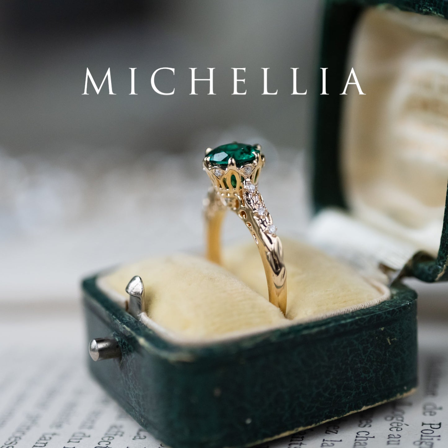 [Eliora] Vintage Regency Crown Solitaire Emerald Engagement Ring, Ready-to-Ship