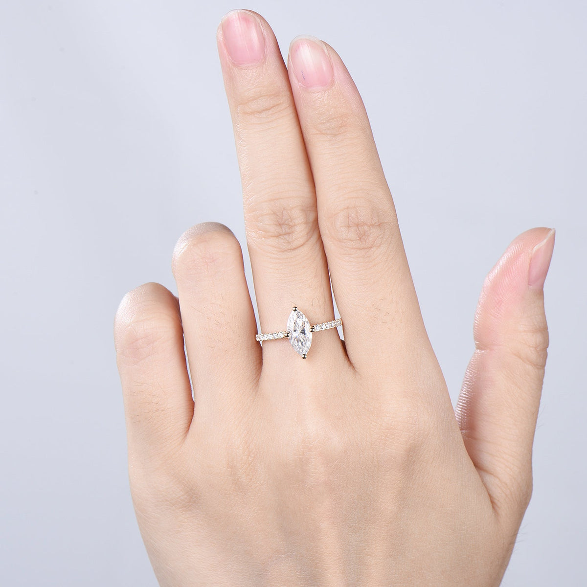 Marquise Cut Moissanite& Lab Grown Diamond Engagement Ring with Pavé Band in Yellow Gold