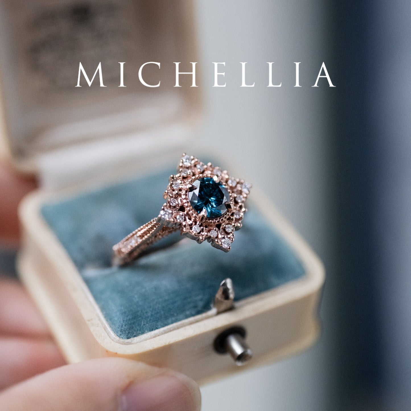 [Henrietta] IGI Certified Teal Blue Diamond Belle Époque Vintage Engagement Ring, One of A Kind