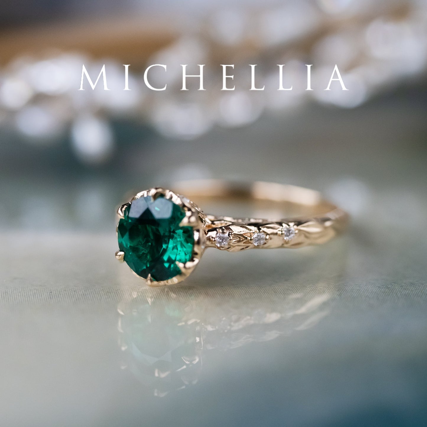 [Eliora] Vintage Regency Crown Solitaire Emerald Engagement Ring, Ready-to-Ship