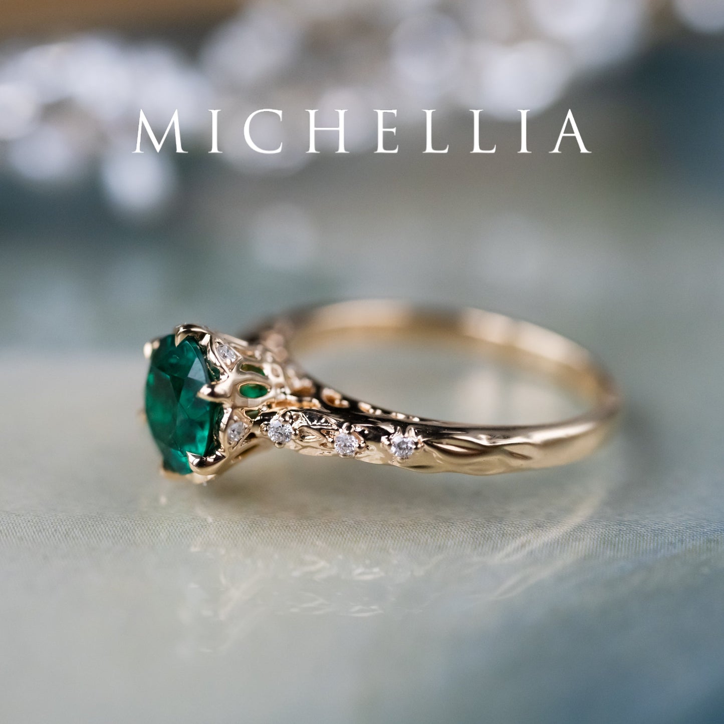 [Eliora] Vintage Regency Crown Solitaire Emerald Engagement Ring, Ready-to-Ship